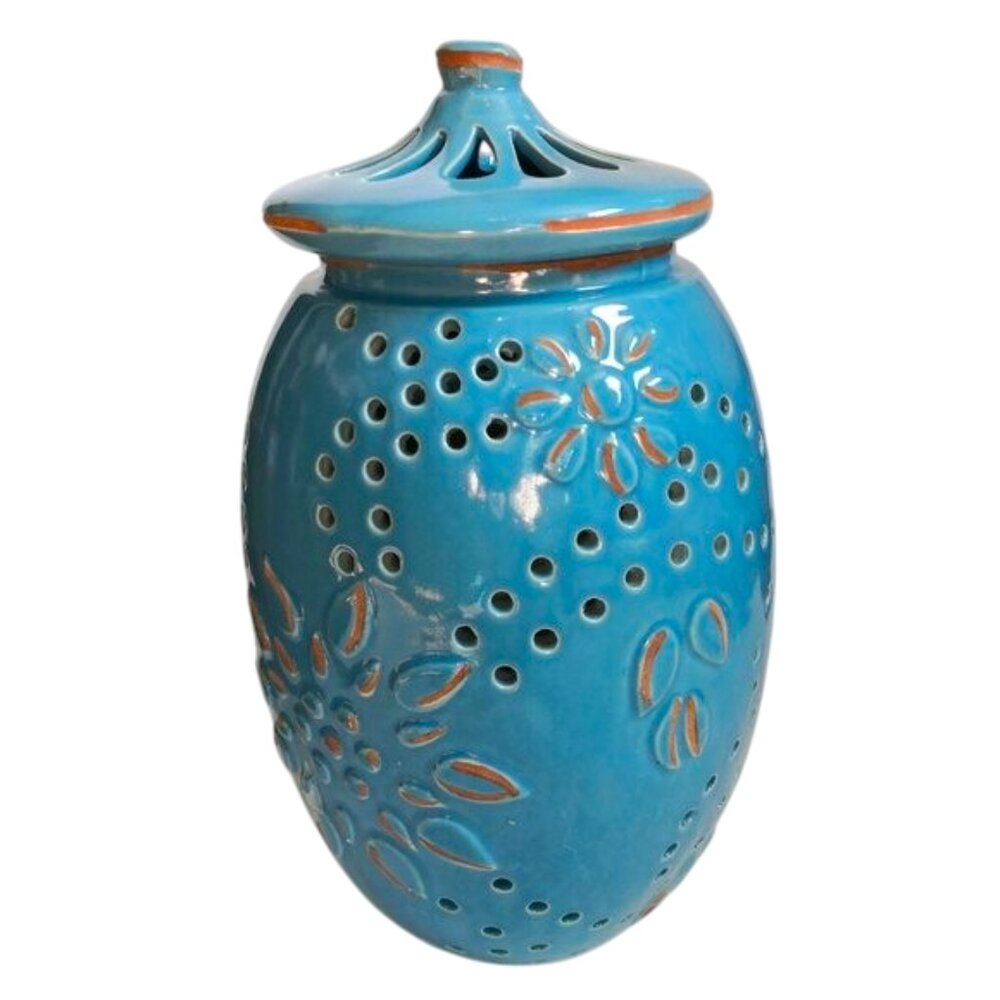 Pier‎ 1 Blue Ceramic Cut Out Vase/Candle Holder 13"H x 6-1/4"Dia.